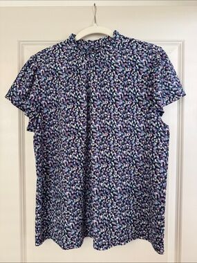 Ann Taylor Women’s Navy and Purple Print Ruffle Sleeve Blouse